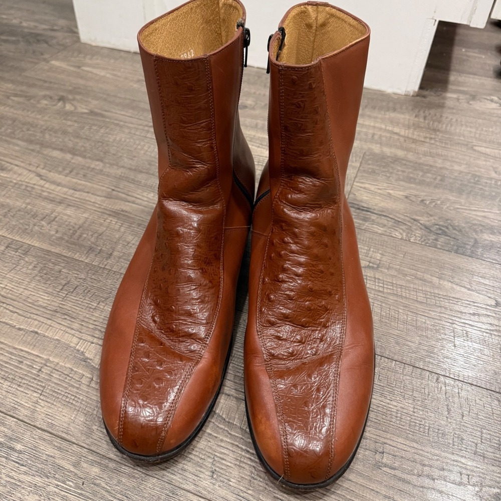 Leather Classics Mens 13 2E Cognac Brown Ostrich Print Side Zip Ankle Boots 2962